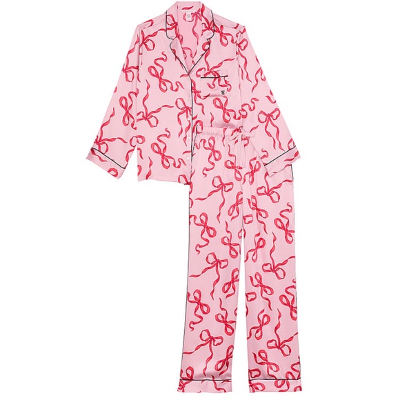 VICTORIA'S SECRET Glazed Satin Long Pajama Set Chalk Rose Bows Fashion S… - Picture 4 of 8